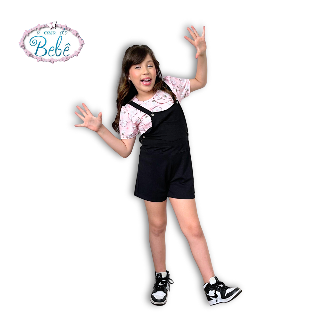 Conjunto Jardineira Preta e T-Shirt Rosa Floral Menina Anjo