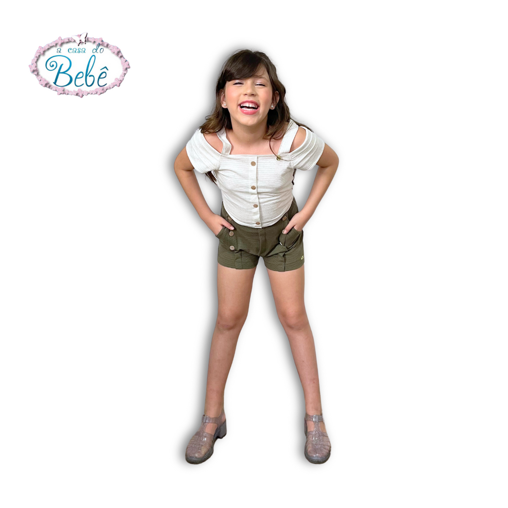 Conjunto Blusa Cropped Branca Shorts Verde Oliva Menina Anjo