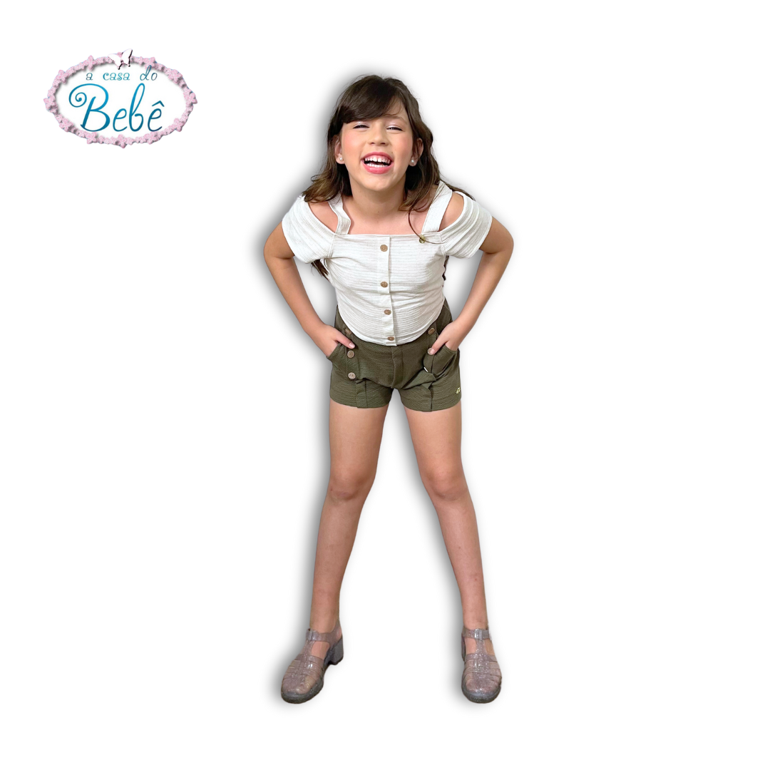 Conjunto Blusa Cropped Branca Shorts Verde Oliva Menina Anjo