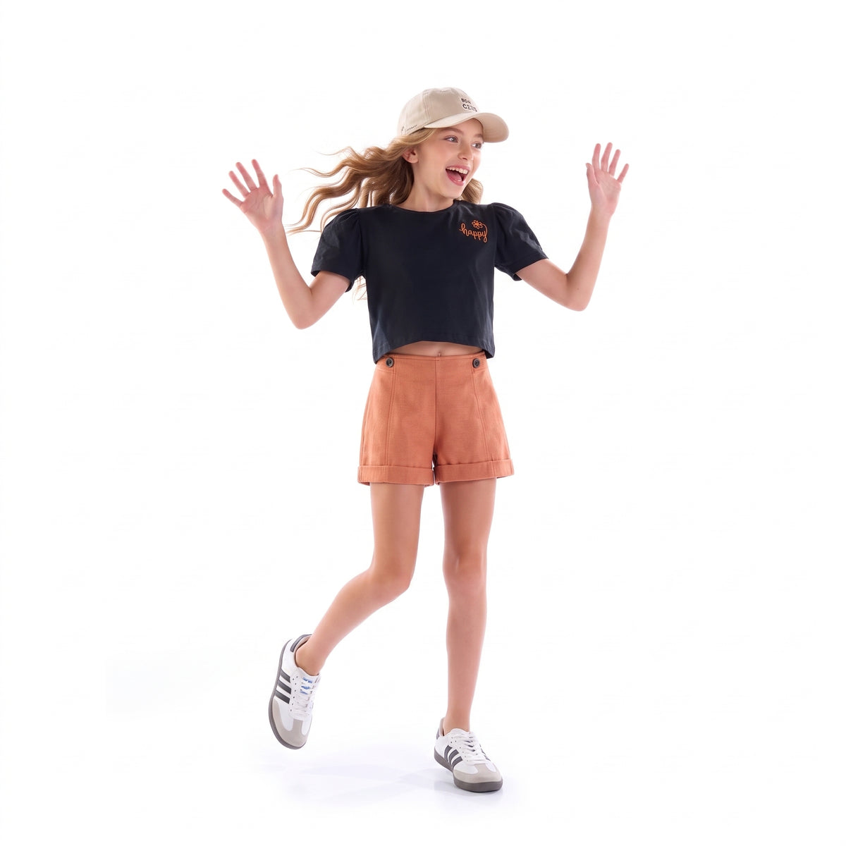 Conjunto Blusa Preta "So Happy" e Short Terracota Menina Anjo