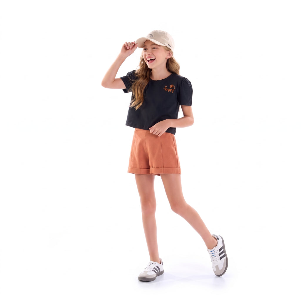 Conjunto Blusa Preta "So Happy" e Short Terracota Menina Anjo