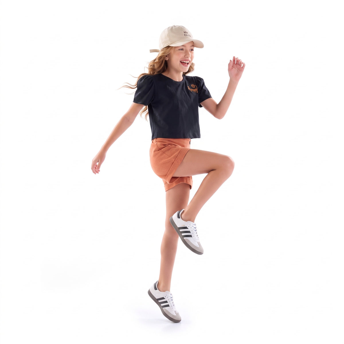 Conjunto Blusa Preta "So Happy" e Short Terracota Menina Anjo