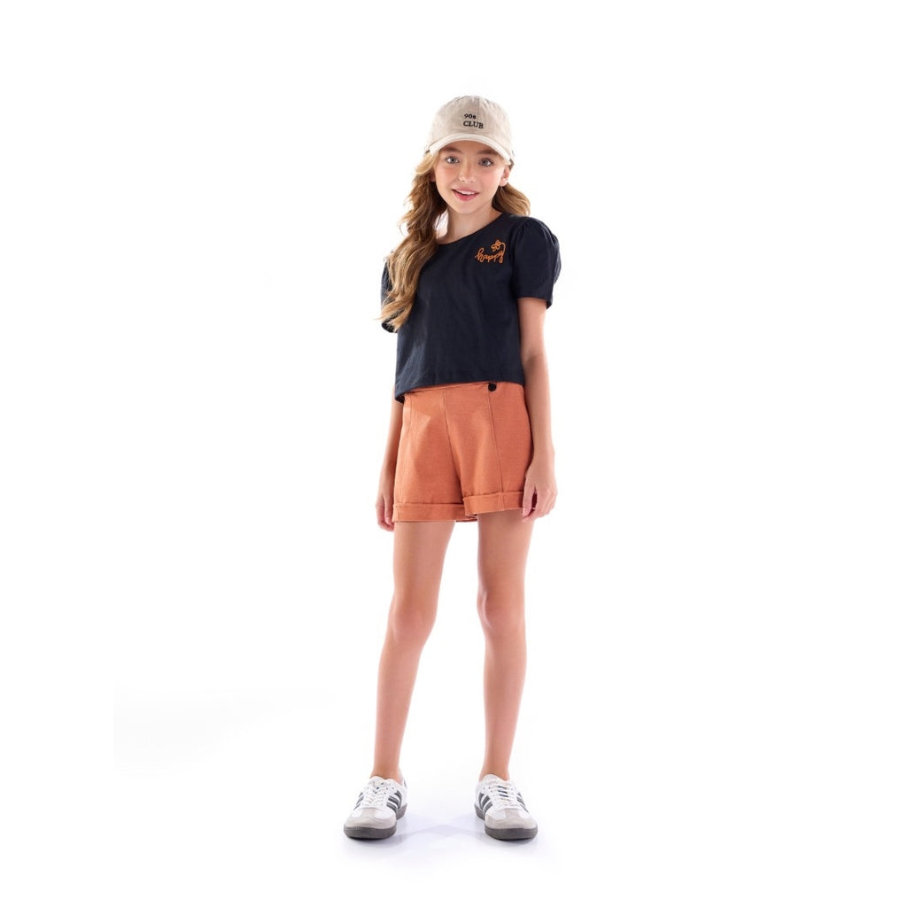 Conjunto Blusa Preta "So Happy" e Short Terracota Menina Anjo