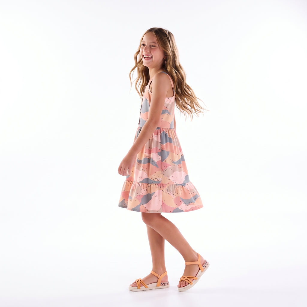 Vestido Estampado Abstrato Rosa e Cinzento Menina Anjo
