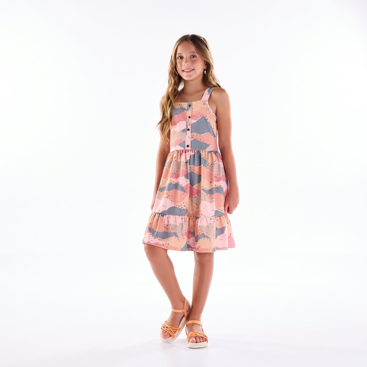 Vestido Estampado Abstrato Rosa e Cinzento Menina Anjo