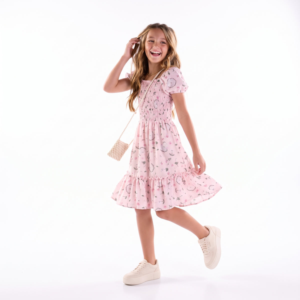 Vestido Rosa com Lastex e Estampa Floral Menina Anjo