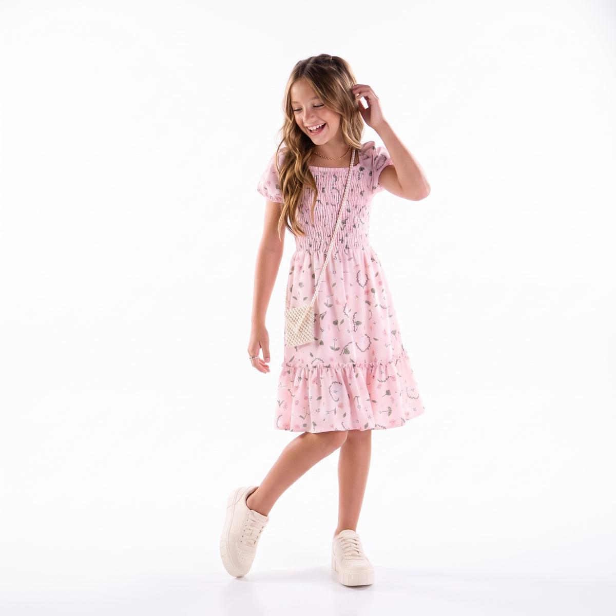 Vestido Rosa com Lastex e Estampa Floral Menina Anjo