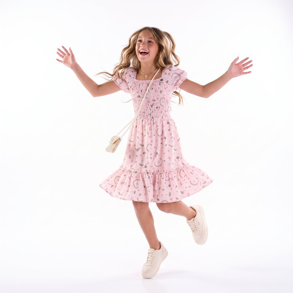 Vestido Rosa com Lastex e Estampa Floral Menina Anjo