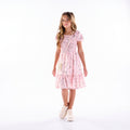 Vestido Rosa com Lastex e Estampa Floral Menina Anjo
