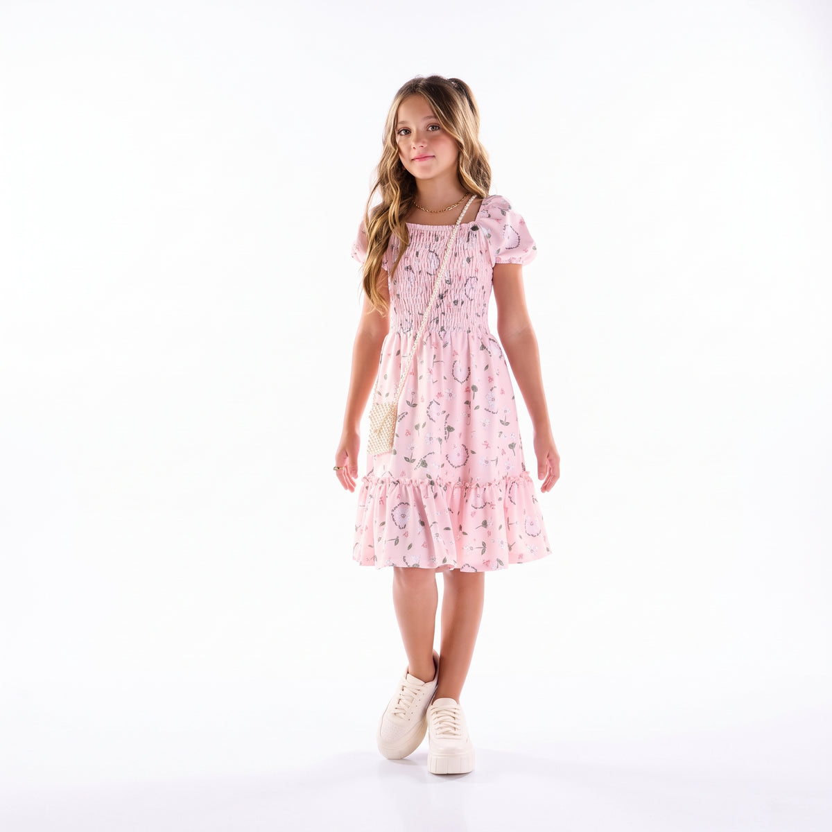 Vestido Rosa com Lastex e Estampa Floral Menina Anjo