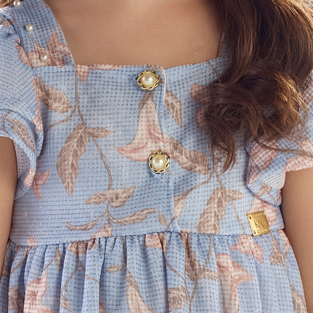 Vestido Malha Tricot Azul Floral com Pérolas e Brilho Kiki