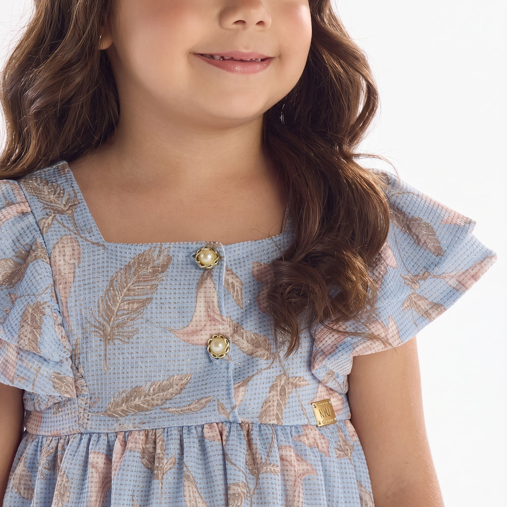 Vestido Malha Tricot Azul Floral com Pérolas e Brilho Kiki
