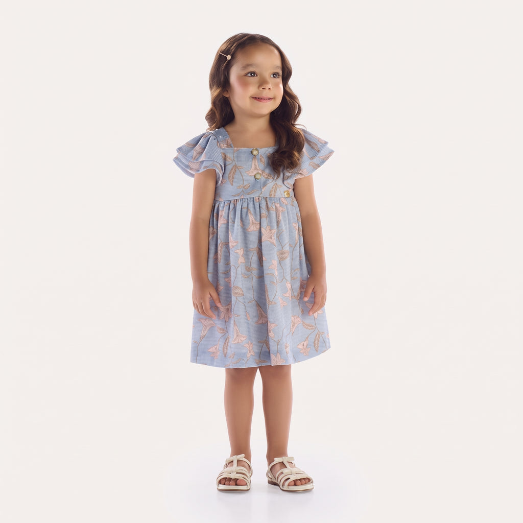 Vestido Malha Tricot Azul Floral com Pérolas e Brilho Kiki