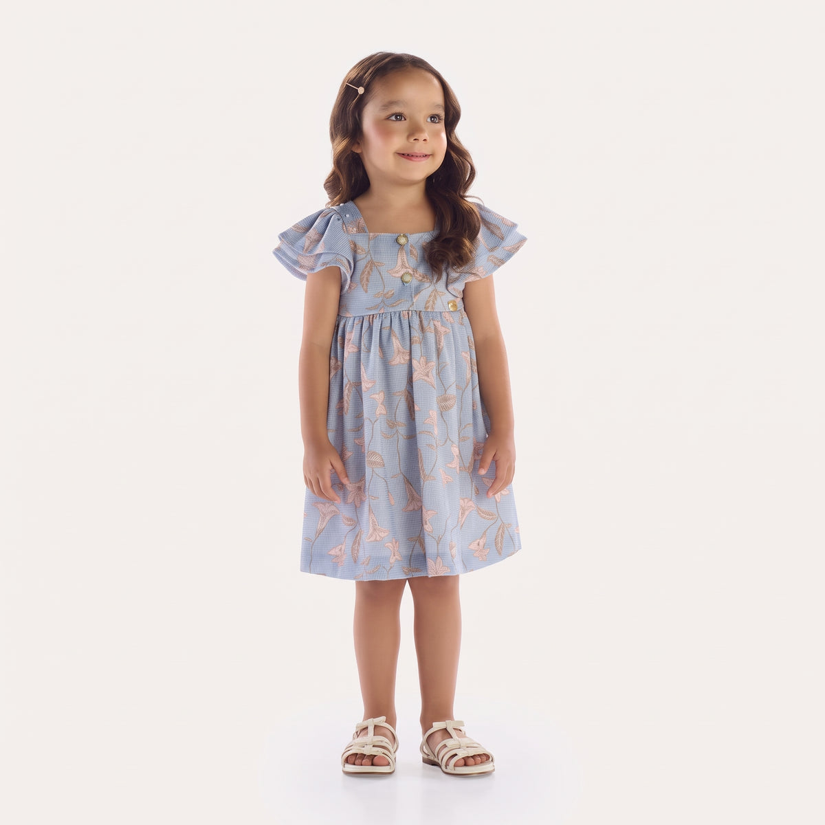 Vestido Malha Tricot Azul Floral com Pérolas e Brilho Kiki