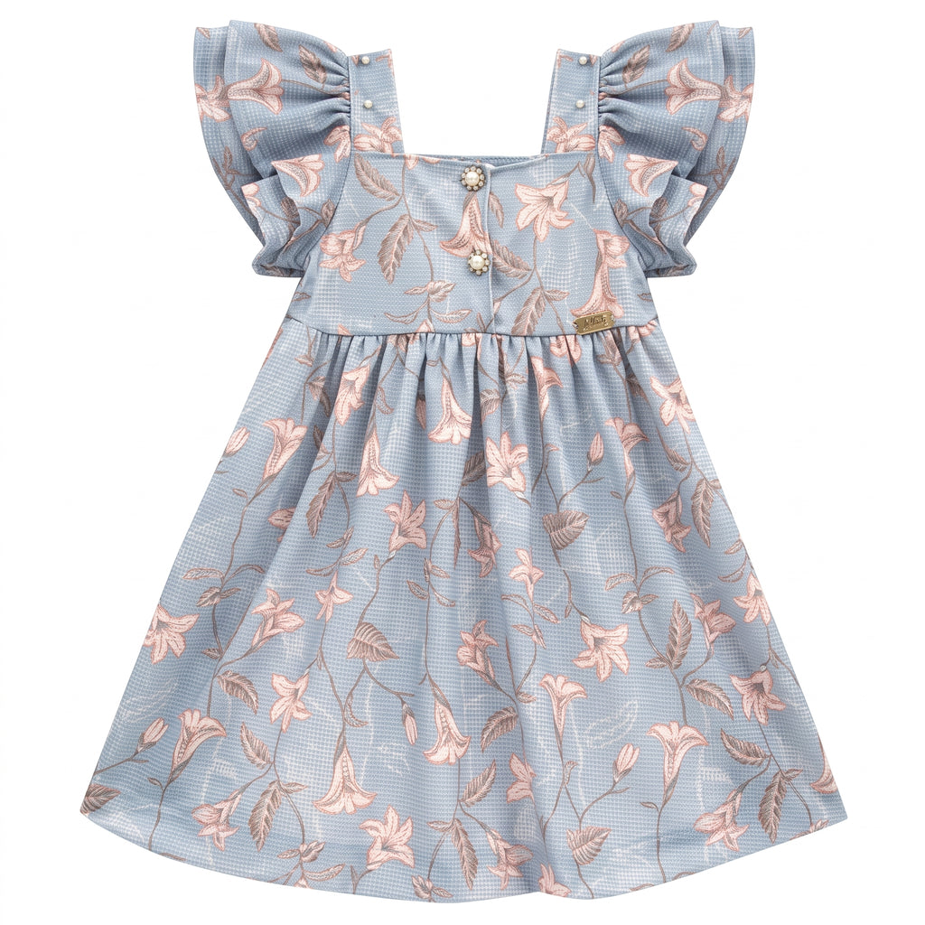 Vestido Malha Tricot Azul Floral com Pérolas e Brilho Kiki