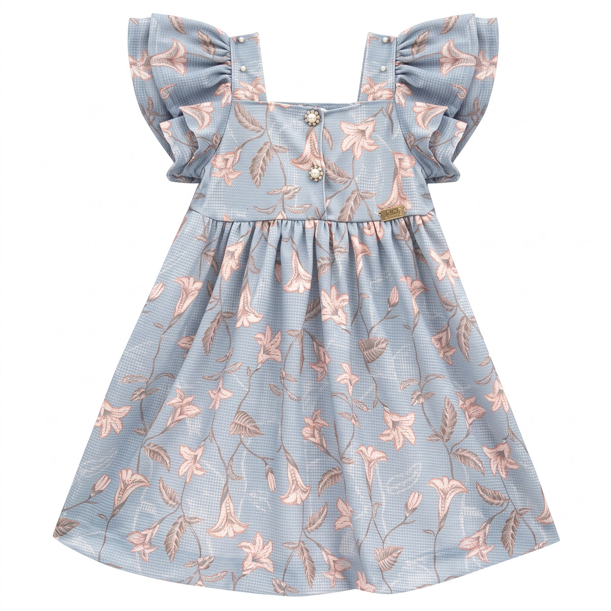 Vestido Malha Tricot Azul Floral com Pérolas e Brilho Kiki