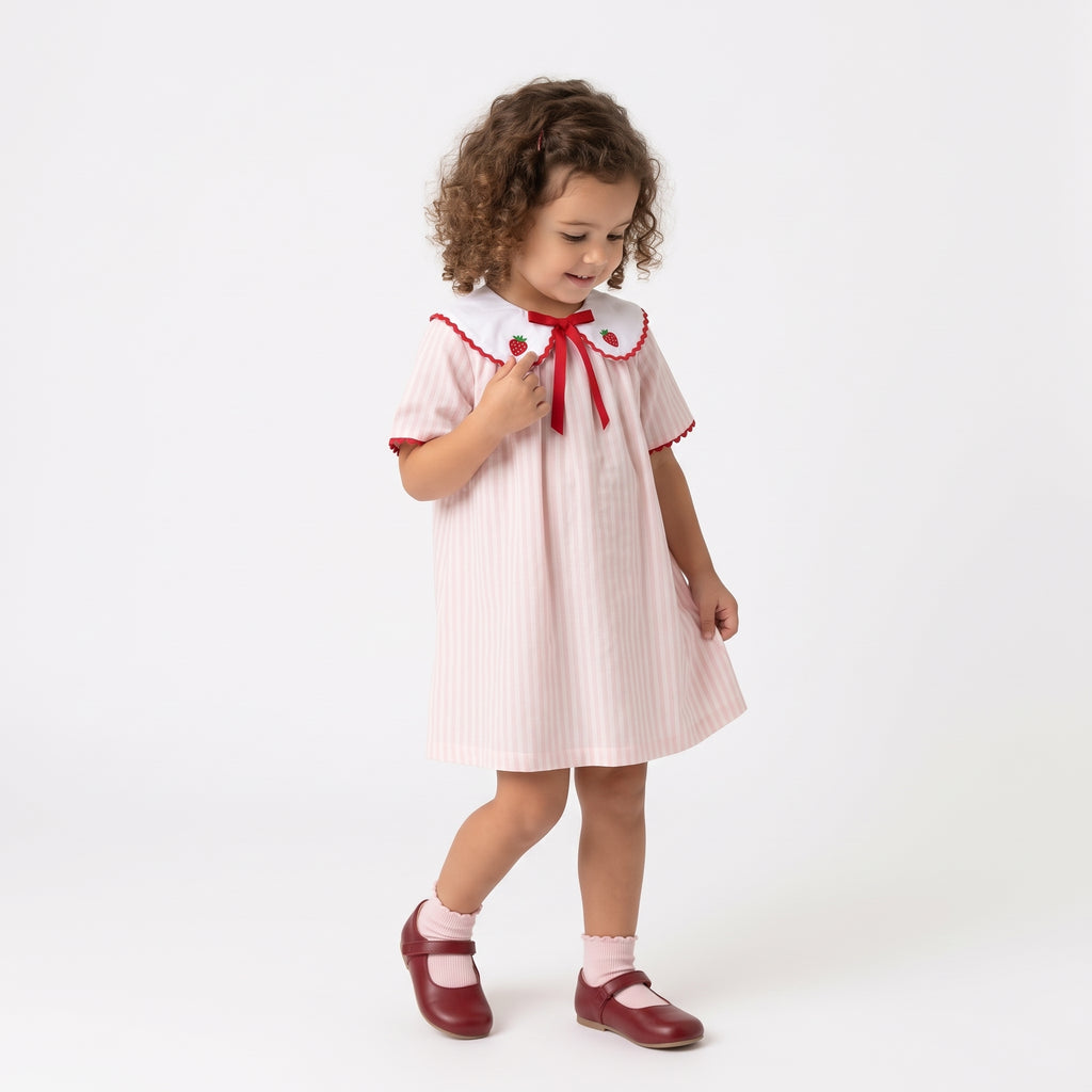 Vestido Riscas Rosa com Gola Peter Pan e Morangos Bordados Barra Sianinha