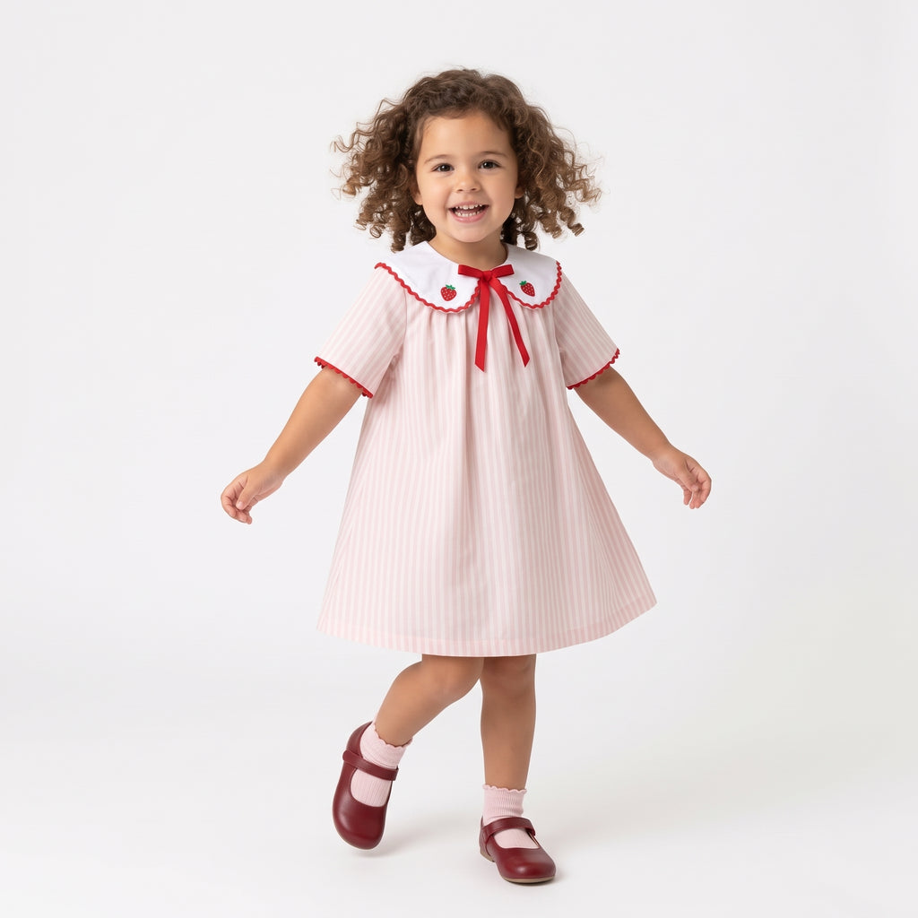 Vestido Riscas Rosa com Gola Peter Pan e Morangos Bordados Barra Sianinha