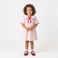 Vestido Riscas Rosa com Gola Peter Pan e Morangos Bordados Barra Sianinha