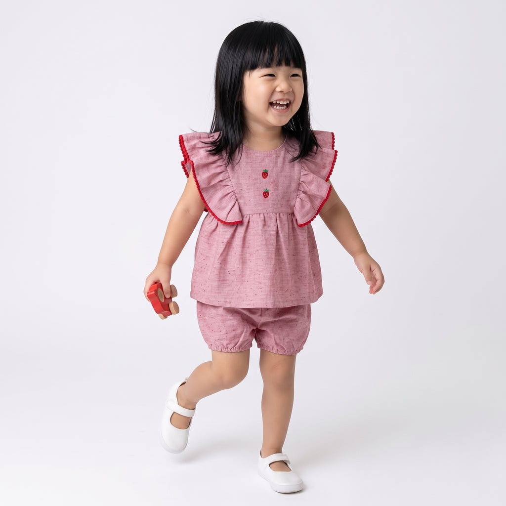 Conjunto Blusa com Babados e Morangos Bordados e Short