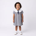 Vestido Xadrez Vichy Preto com Gola Peter Pan e Flores Bordadas Keko