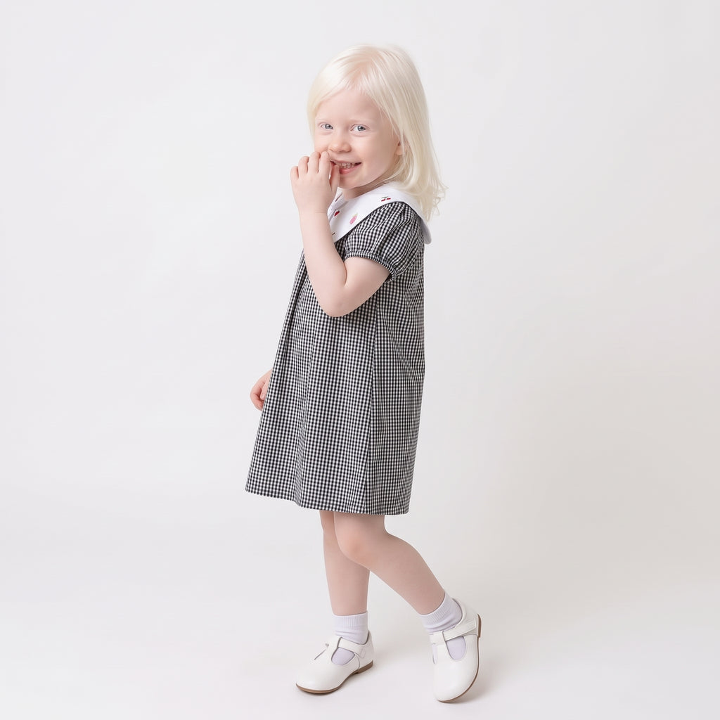 Vestido Xadrez Vichy Preto com Gola Peter Pan e Frutas Bordadas Keko