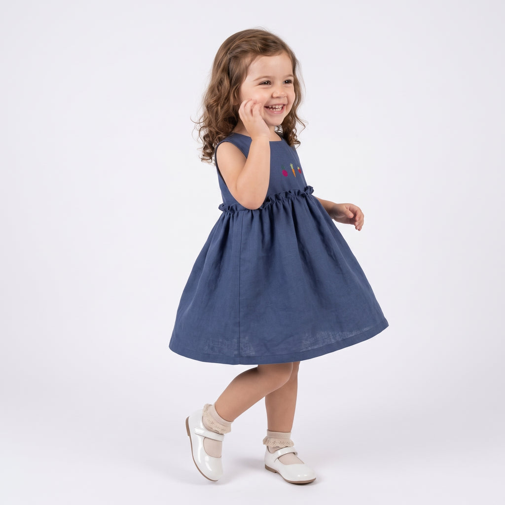 Vestido Azul em Linho com Legumes Bordados Keko
