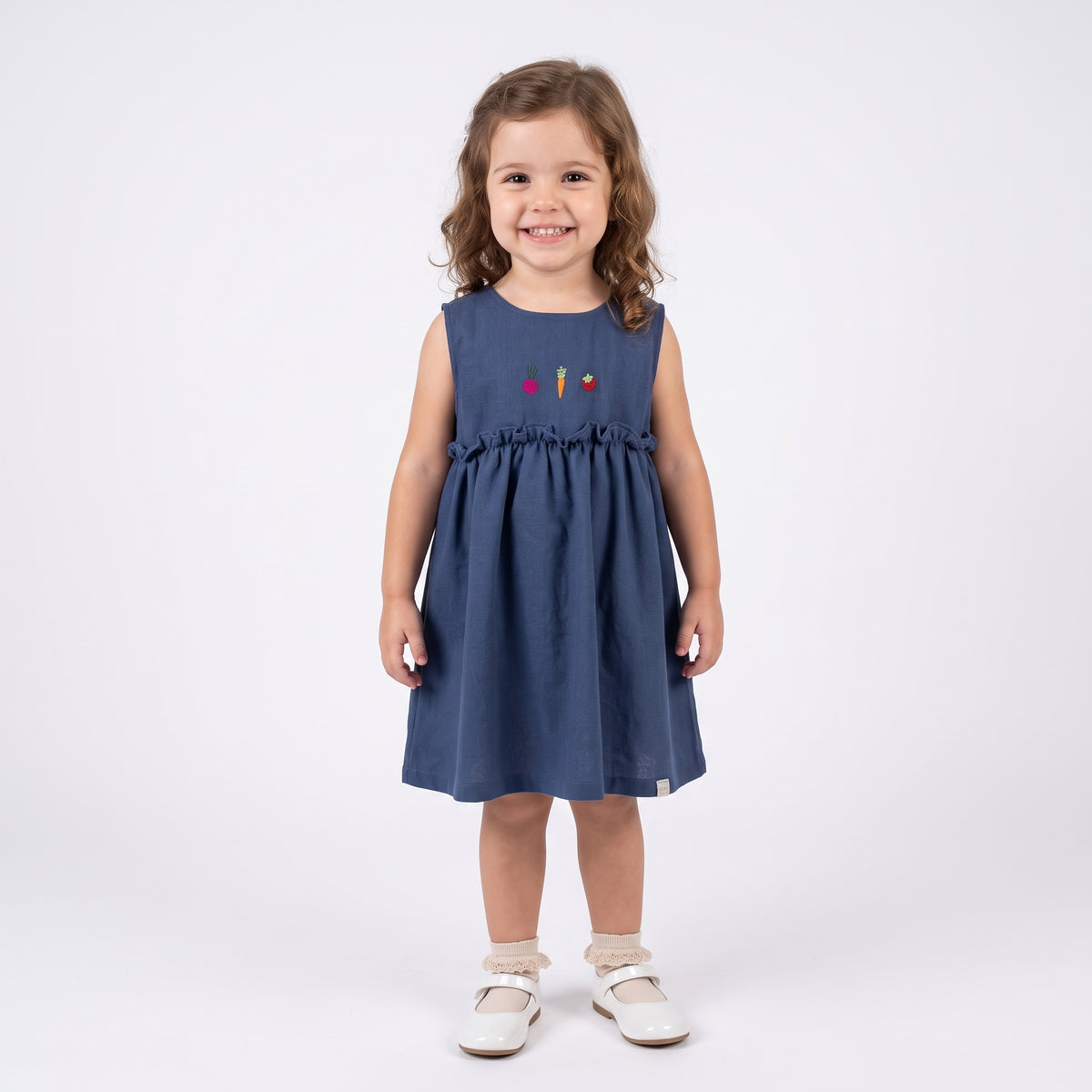 Vestido Azul em Linho com Legumes Bordados Keko