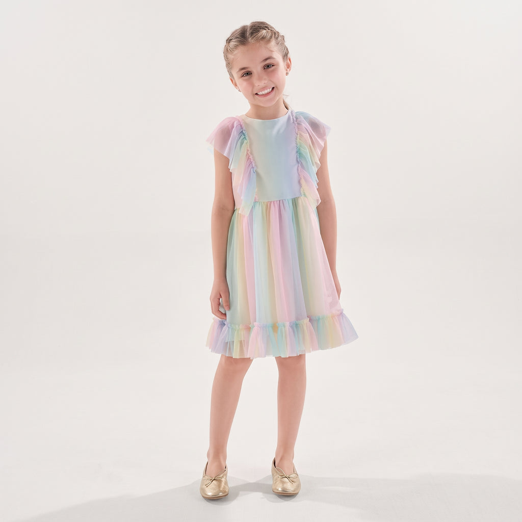 Vestido Festa Kiki Arco-Ìris com Tule Estampado