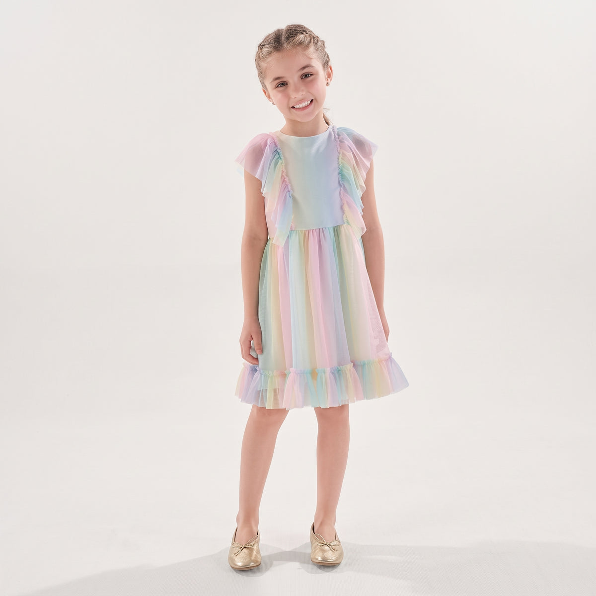 Vestido Festa Kiki Arco-Ìris com Tule Estampado