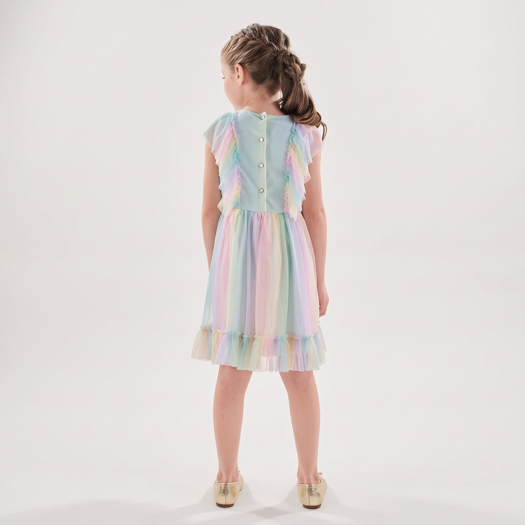 Vestido Festa Kiki Arco-Ìris com Tule Estampado